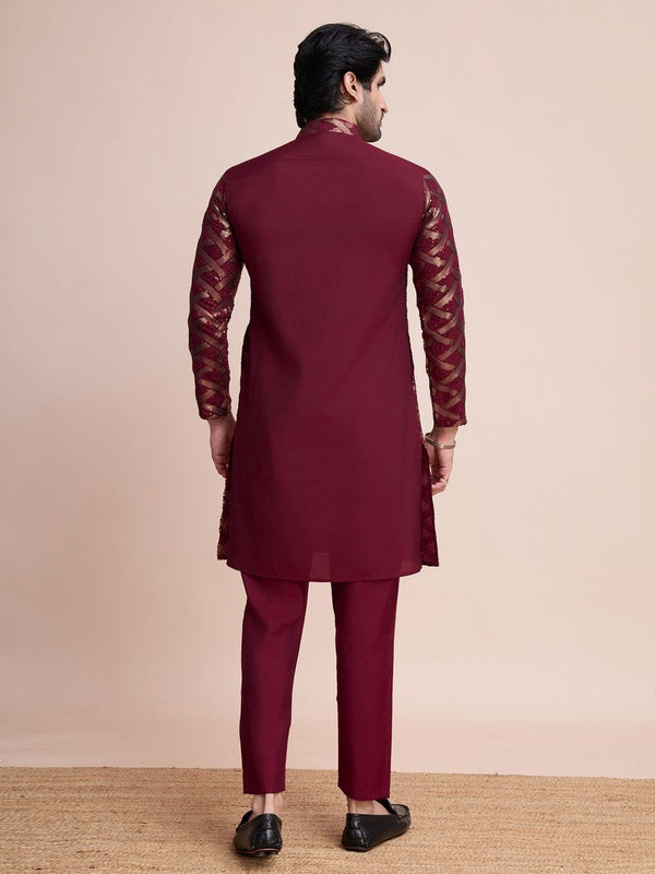 Beauteous Maroon Color Silk Fabric Mens Kurta