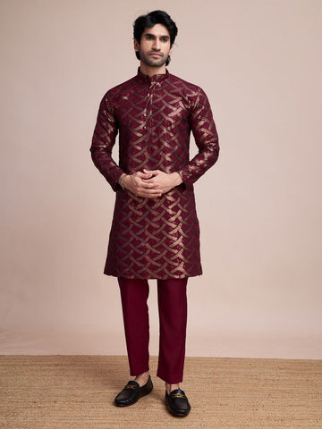 Beauteous Maroon Color Silk Fabric Mens Kurta