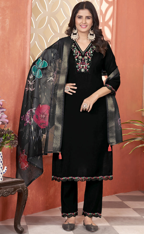 Beautiful Black Color Silk Fabric Designer Suit