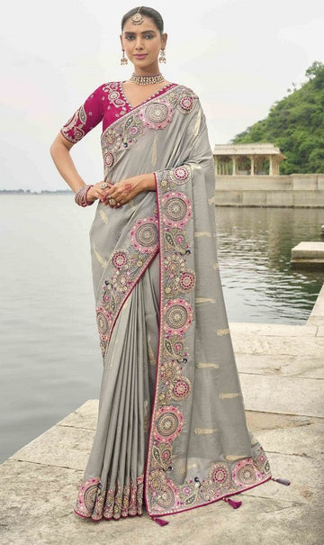 Beauteous Grey Color Viscose Fabric Partywear Saree