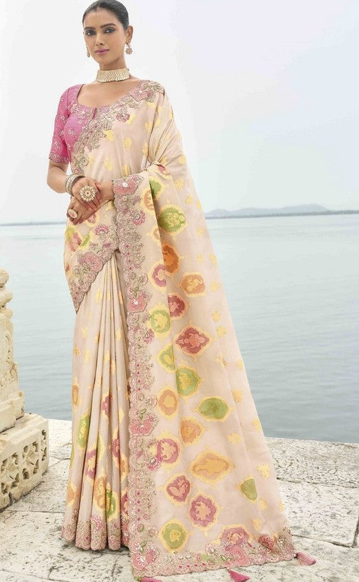 Beauteous Cream Color Viscose Fabric Partywear Saree