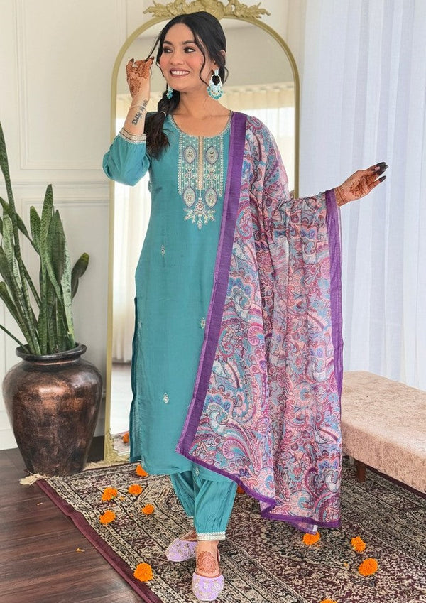 Divine Aqua Color Viscose Fabric Designer Suit