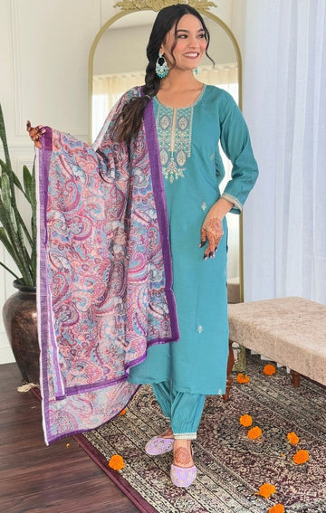 Divine Aqua Color Viscose Fabric Designer Suit