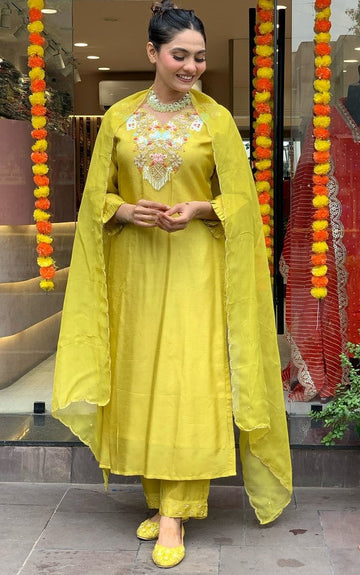 Divine Yellow Color Chanderi Fabric Designer Suit