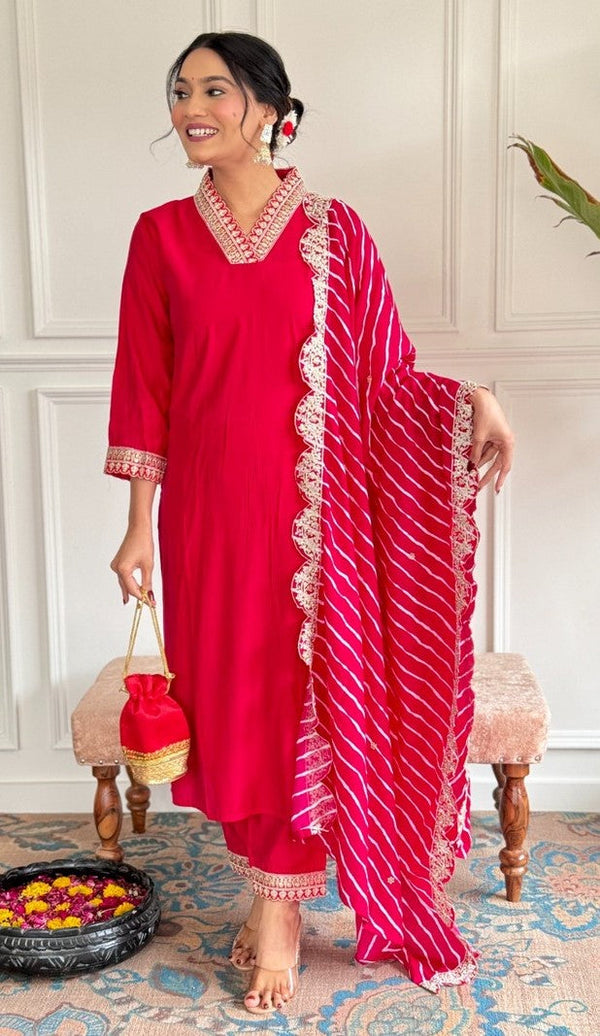 Divine Red Color Chanderi Fabric Designer Suit