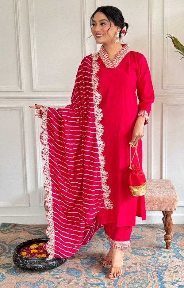 Divine Red Color Chanderi Fabric Designer Suit