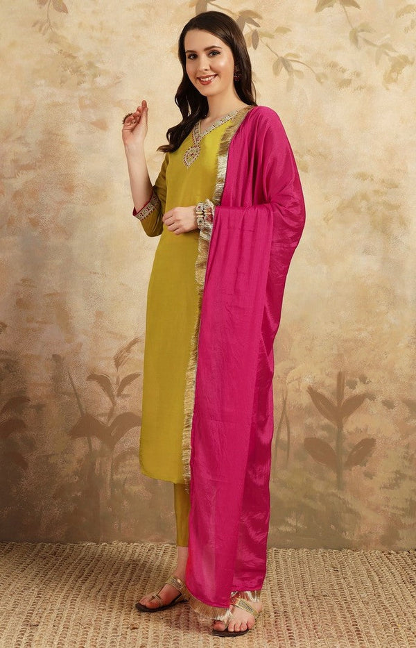 Divine Yellow Color Chanderi Fabric Designer Suit