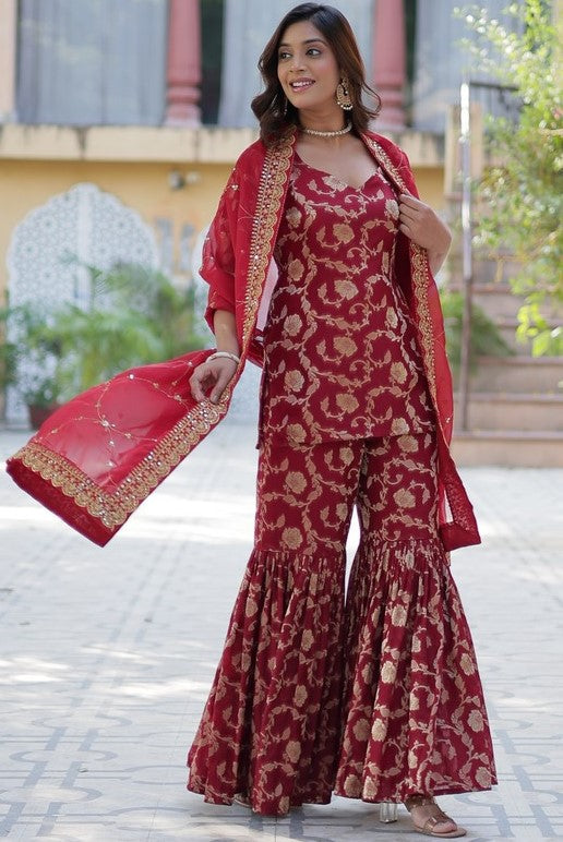 Amazing Maroon Color Viscose Fabric Sharara Suit