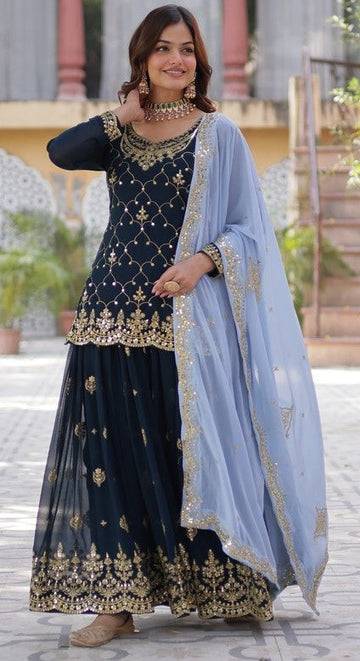 Divine Navy Blue Color Georgette Fabric Sharara Suit