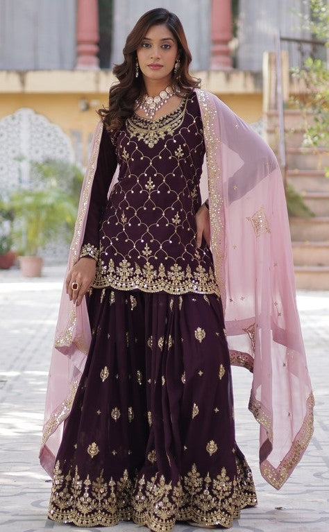 Divine Wine Color Georgette Fabric Sharara Suit