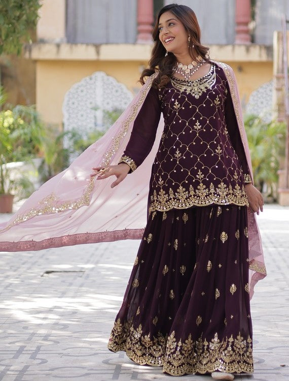 Divine Wine Color Georgette Fabric Sharara Suit