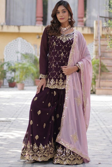 Divine Wine Color Georgette Fabric Sharara Suit