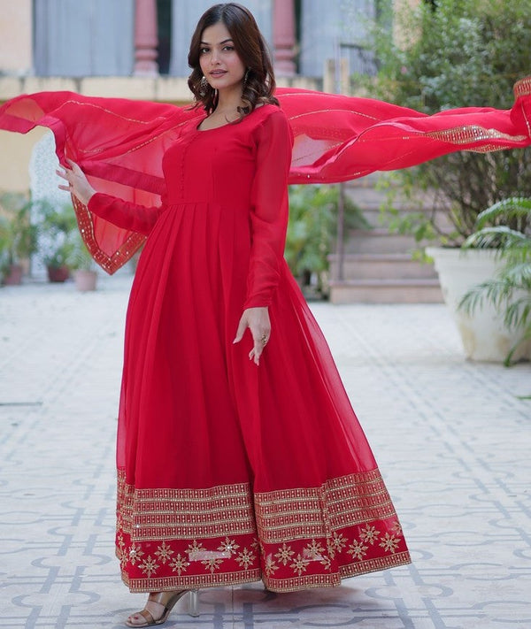 Striking Red Color Georgette Fabric Gown