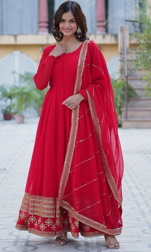 Striking Red Color Georgette Fabric Gown