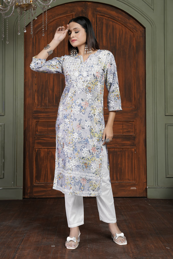 Classy Grey Color Cotton Fabric Designer Kurti