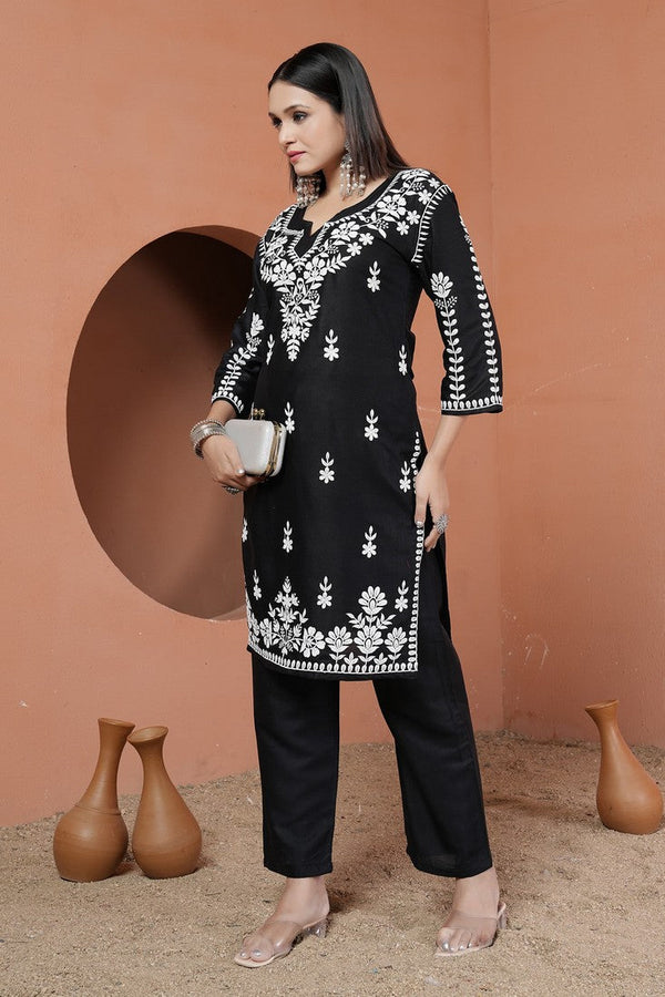 Classy Black Color Rayon Fabric Designer Kurti with Bottom