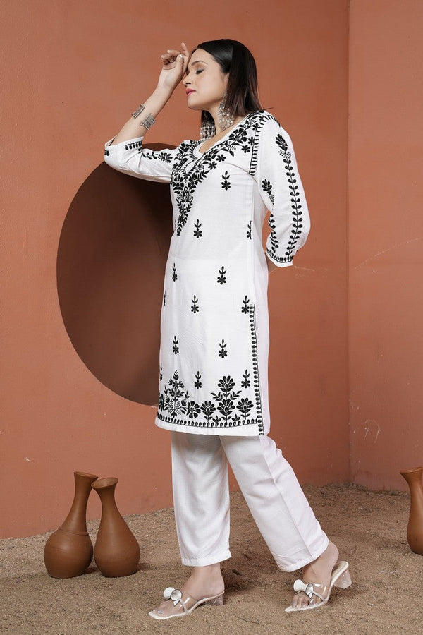 Classy White Color Rayon Fabric Designer Kurti with Bottom