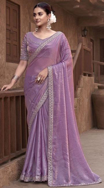 Beauteous Purple Color Satin Fabric Partywear Sarees