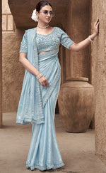 Beauteous Aqua Color Satin Fabric Partywear Sarees