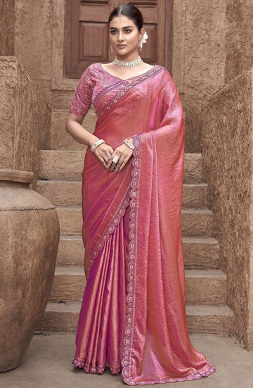 Beauteous Coral Color Satin Fabric Partywear Sarees