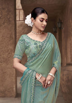 Beauteous Green Color Satin Fabric Partywear Sarees