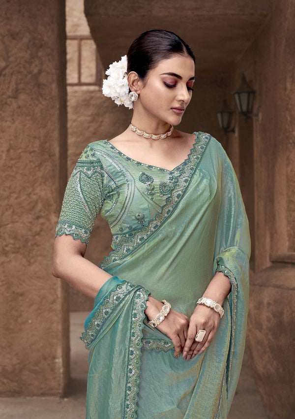 Beauteous Green Color Satin Fabric Partywear Sarees