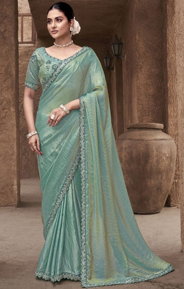 Beauteous Green Color Satin Fabric Partywear Sarees