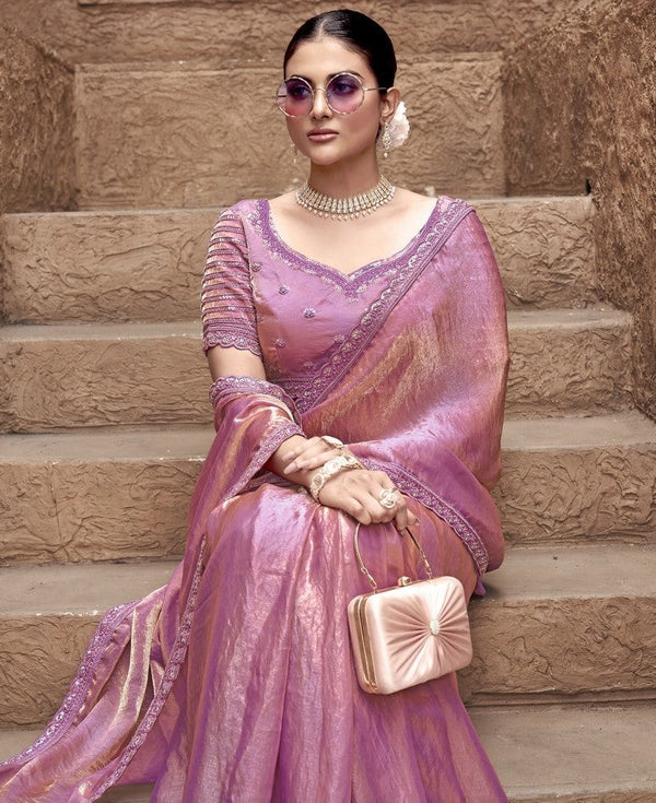 Beauteous Pink Color Satin Fabric Partywear Sarees