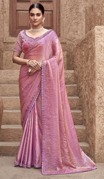 Beauteous Pink Color Satin Fabric Partywear Sarees