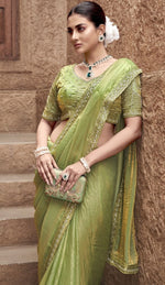 Beauteous Green Color Satin Fabric Partywear Sarees