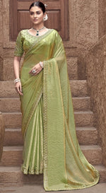 Beauteous Green Color Satin Fabric Partywear Sarees