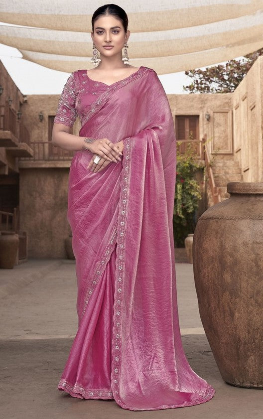 Beauteous Pink Color Satin Fabric Partywear Sarees