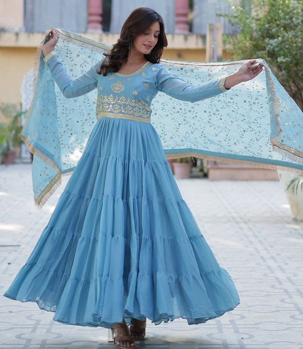 Striking Aqua Color Georgette Fabric Gown