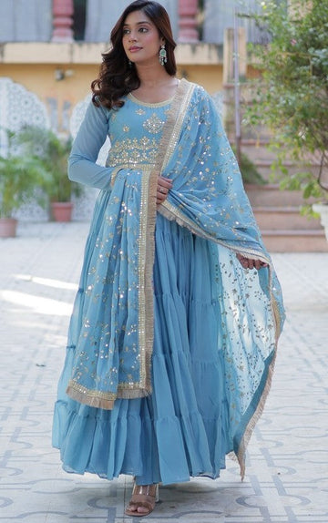 Striking Aqua Color Georgette Fabric Gown