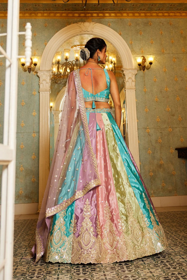 Dazzling Multi Color Organza Fabric Party Wear Lehenga