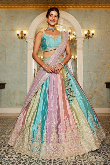 Dazzling Multi Color Organza Fabric Party Wear Lehenga