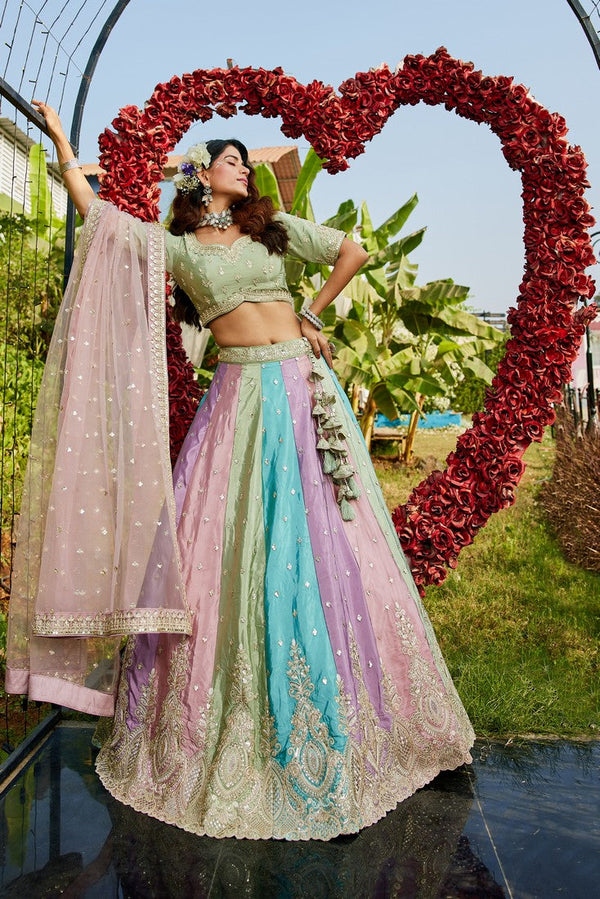 Dazzling Multi Color Organza Fabric Party Wear Lehenga