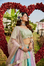 Dazzling Multi Color Organza Fabric Party Wear Lehenga