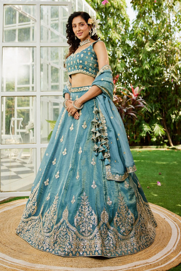 Dazzling Turquoise Color Organza Fabric Party Wear Lehenga