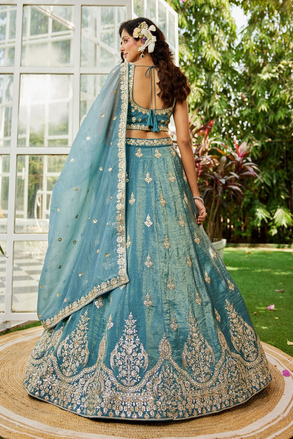 Dazzling Turquoise Color Organza Fabric Party Wear Lehenga