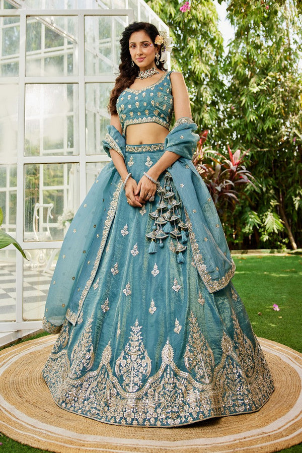 Dazzling Turquoise Color Organza Fabric Party Wear Lehenga