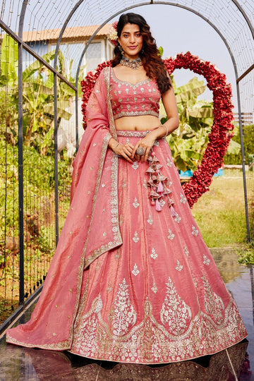 Dazzling Coral Color Organza Fabric Party Wear Lehenga