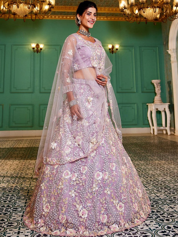 Dazzling Purple Color Satin Fabric Party Wear Lehenga