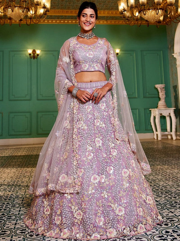 Dazzling Purple Color Satin Fabric Party Wear Lehenga