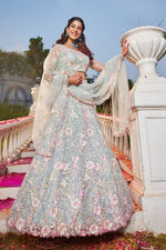 Dazzling Aqua Color Net Fabric Party Wear Lehenga