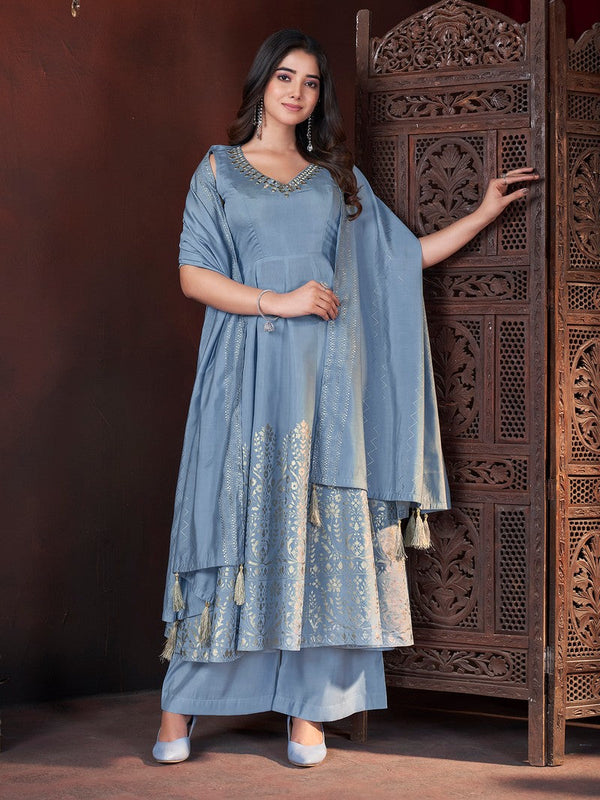 Dazzling Aqua Color Silk Fabric Plazzo Suit