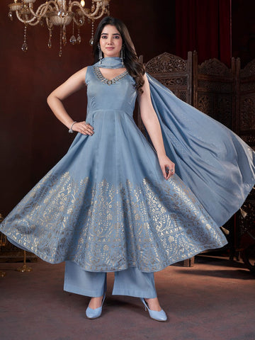 Dazzling Aqua Color Silk Fabric Plazzo Suit