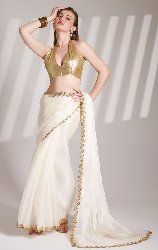 Grand White Color Organza Fabric Casual Saree