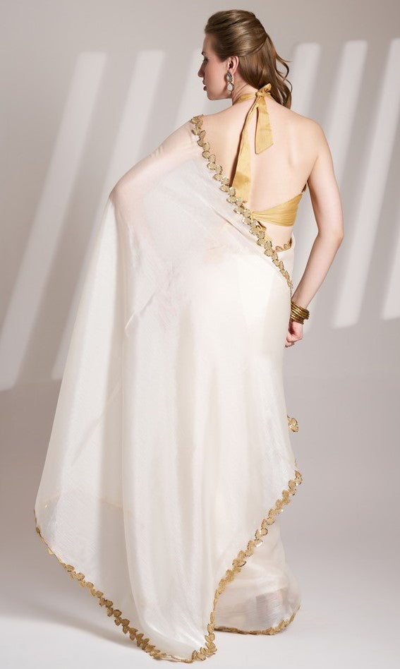 Grand White Color Organza Fabric Casual Saree