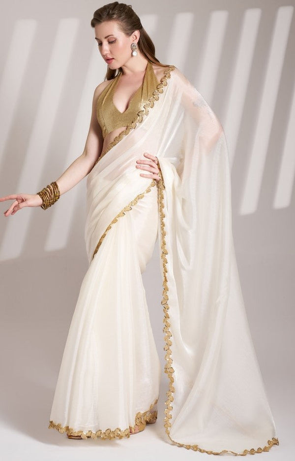 Grand White Color Organza Fabric Casual Saree